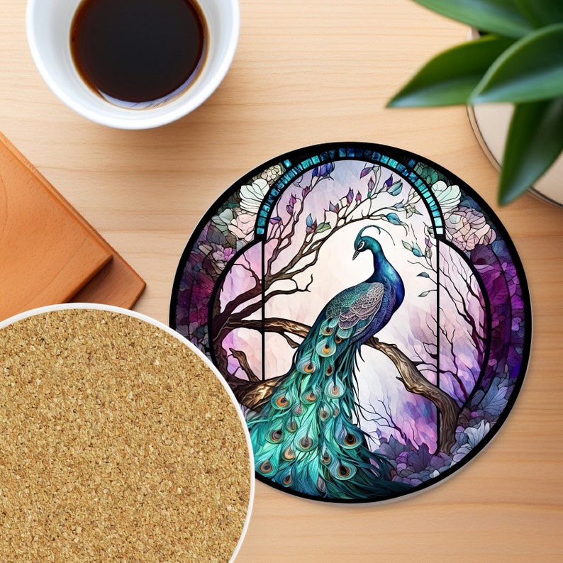 Peacock Coaster, Stained Glass Design, Nature Inspired Home Decor, Ceramic Coaster, Eco-Friendly Home, Coffee Table Decor, Cork Back Coaster image 2