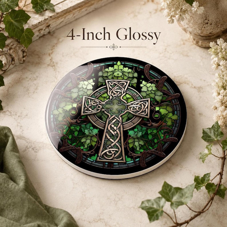 May include: A 10 cm glossy circular coaster featuring a detailed Celtic cross design intertwined with green ivy leaves against a dark background. The artwork mimics a stained glass style with intricate knotwork patterns in shades of silver and grey.