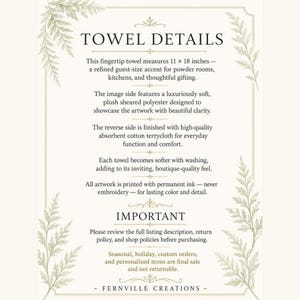 A white background with green fern fronds framing text that reads "TOWEL DETAILS" and product information about the fingertip towel.