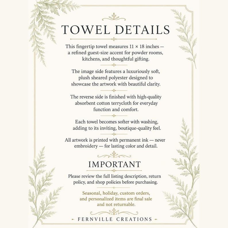 A white background with green fern fronds framing text that reads "TOWEL DETAILS" and product information about the fingertip towel.