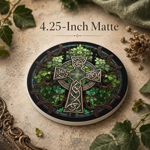 May include: A 10.8 cm matte circular coaster featuring a Celtic cross design with intricate knotwork patterns. The cross is surrounded by green ivy leaves and dark brown vine accents, all set against a dark background within a circular frame.
