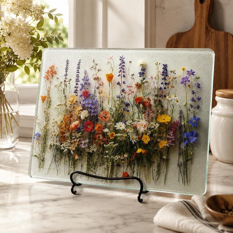 A rectangular glass cutting board featuring a colorful botanical wildflower print resting upright on a black metal display stand on a kitchen counter.