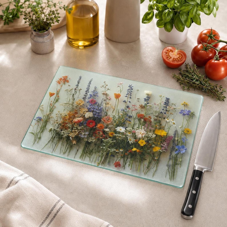 A glass cutting board with a botanical wildflower design rests on a kitchen counter next to a chef's knife, tomatoes, and fresh herbs.