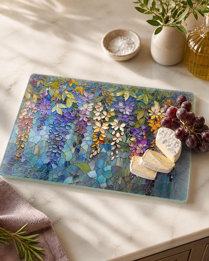 A rectangular glass cutting board with a stained-glass wisteria design holds slices of cheese and red grapes on a white marble counter.