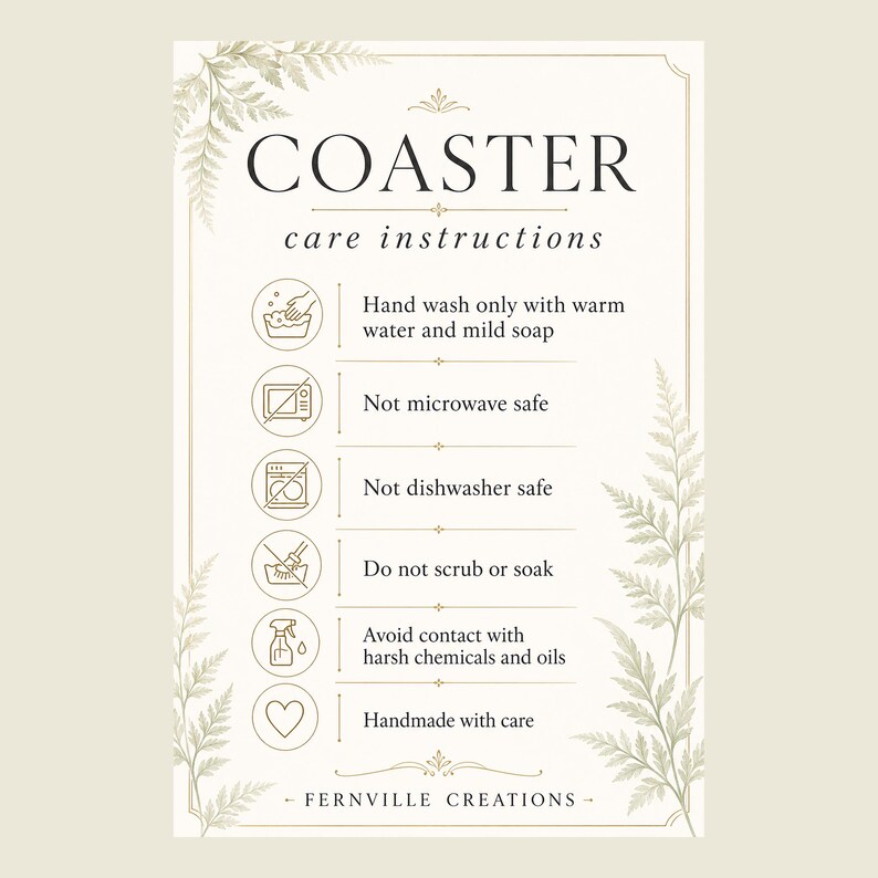 May include: A rectangular coaster care instructions card with a cream background and fern illustrations. It lists: Hand wash only with warm water and mild soap, Not microwave safe, Not dishwasher safe, Do not scrub or soak, Avoid contact with harsh chemicals and oils, and Handmade with care. The brand name Fernville Creations is at the bottom.