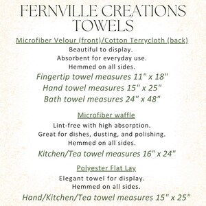 May include: An informational chart titled FERNVILLE CREATIONS TOWELS listing product specifications. It details microfiber velour and cotton terrycloth towels in 11x18, 15x25, and 24x48 inches, microfiber waffle towels at 16x24 inches, and polyester flat lay towels at 15x25 inches.
