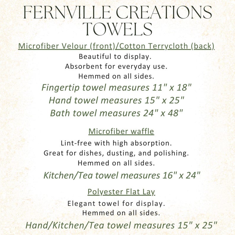 May include: An informational chart titled FERNVILLE CREATIONS TOWELS listing product specifications. It details microfiber velour and cotton terrycloth towels in 11x18, 15x25, and 24x48 inches, microfiber waffle towels at 16x24 inches, and polyester flat lay towels at 15x25 inches.