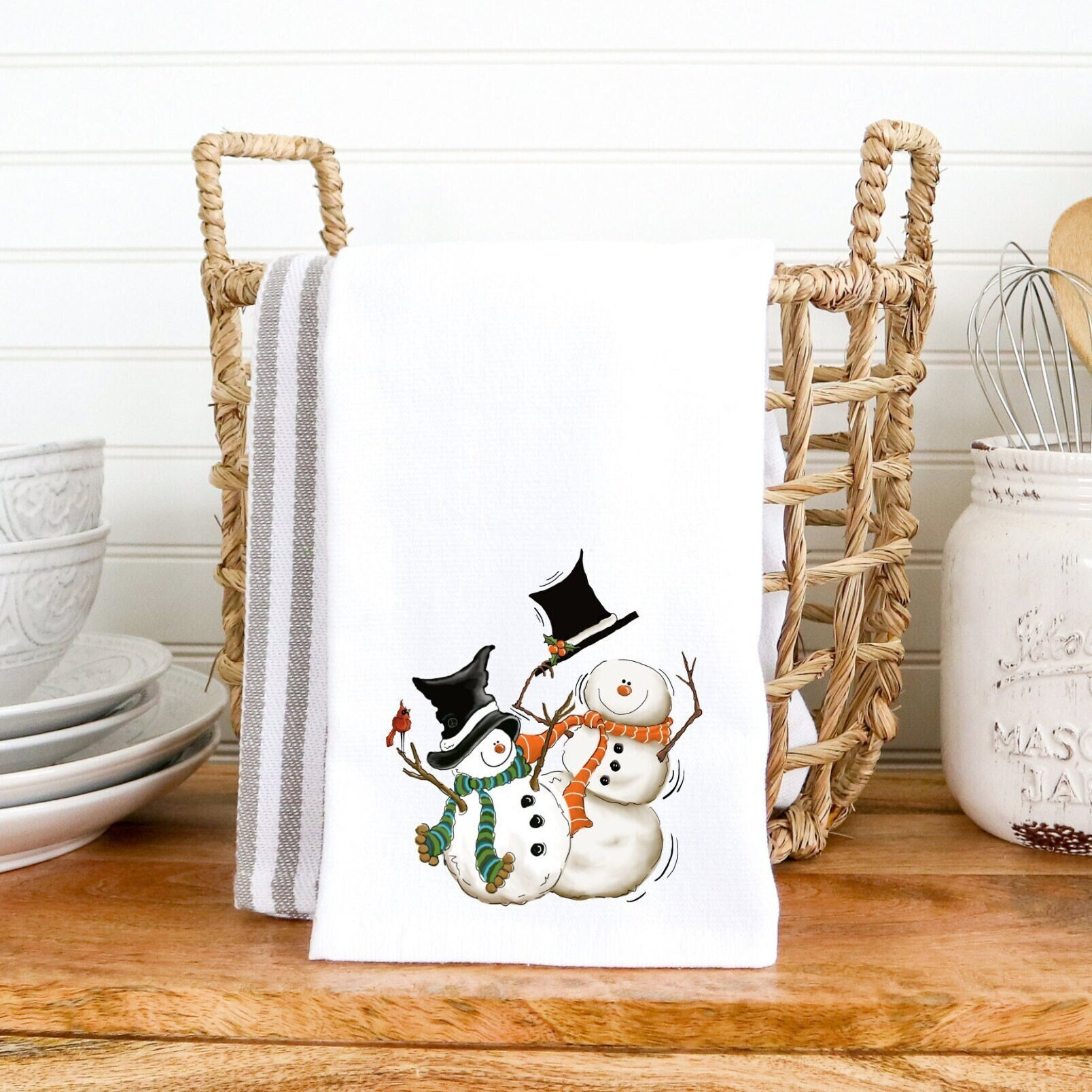Home Decor Holiday Seasonal Kitchen Dish Towels: Four (4) Herringbone Hand  Towels: Two (2) Let It Snowman and Two (2) Be Jolly Snowmen, 100% Cotton