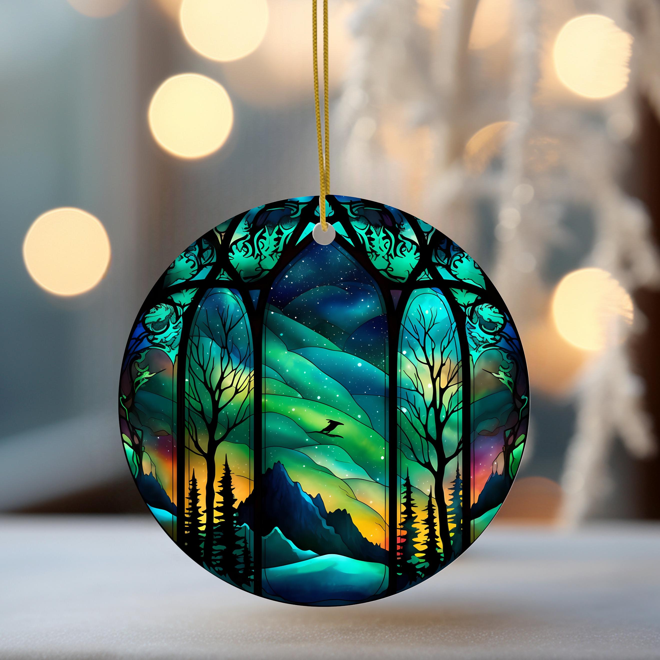 Winter Night Ornament, Northern Lights Tree Decor, Aurora Borealis Christmas Ornament, Flat Ceramic Ornament, Holiday Stocking Stuffer Gift
