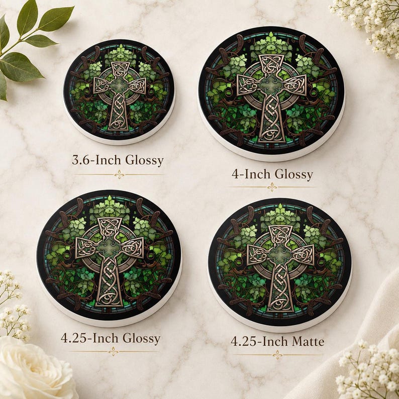 Four round ceramic coasters, two glossy and two matte, in sizes 3.6-inch, 4-inch, and 4.25-inch, all featuring a green Celtic cross and ivy design, arranged on a light surface with small white flowers.