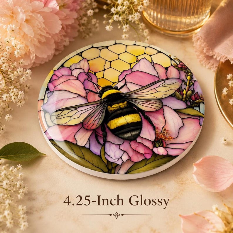 A 4.25-inch glossy ceramic coaster with a bee and floral stained-glass design, presented on a tabletop with text reading 4.25-Inch Glossy.