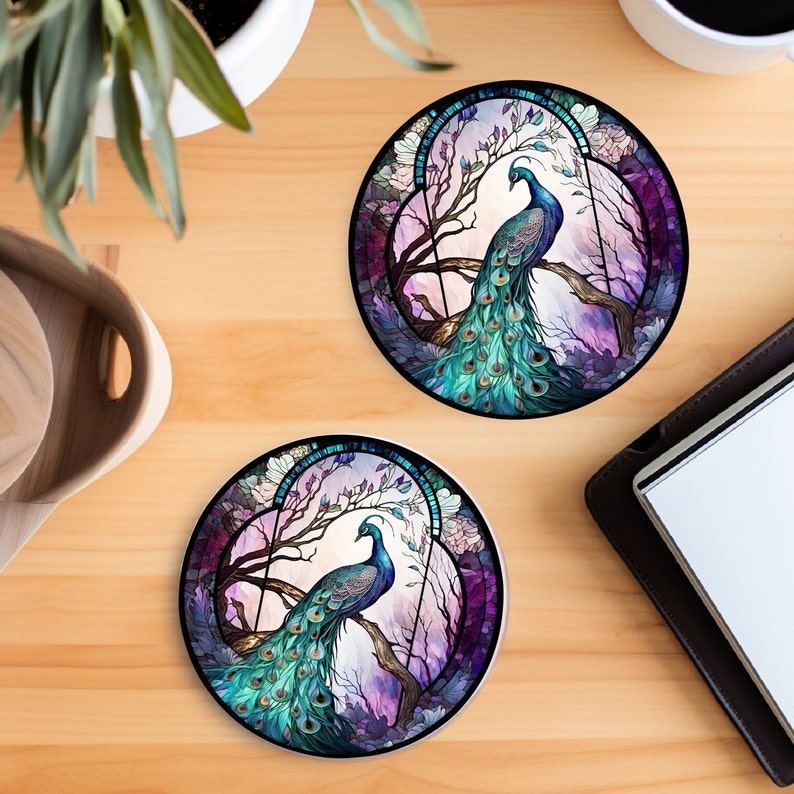 Peacock Coaster, Stained Glass Design, Nature Inspired Home Decor, Ceramic Coaster, Eco-Friendly Home, Coffee Table Decor, Cork Back Coaster image 9