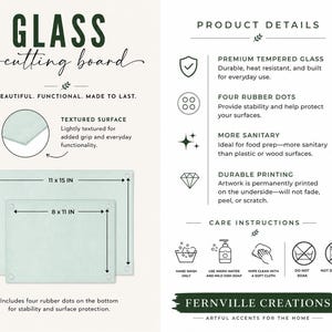 A product information sheet for a glass cutting board, detailing features like tempered glass, rubber dots, and care instructions, with two size options shown.