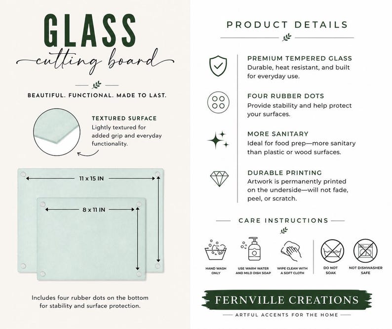 A product information sheet for a glass cutting board, detailing features like tempered glass, rubber dots, and care instructions, with two size options shown.