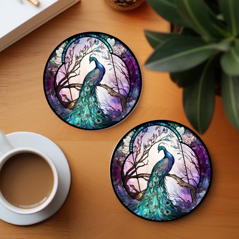 Peacock Coaster, Stained Glass Design, Nature Inspired Home Decor, Ceramic Coaster, Eco-Friendly Home, Coffee Table Decor, Cork Back Coaster image 7