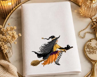 Witch On Broom Fingertip Towel, Halloween Guest Bath Decor, Whimsical Witch Bathroom Accent