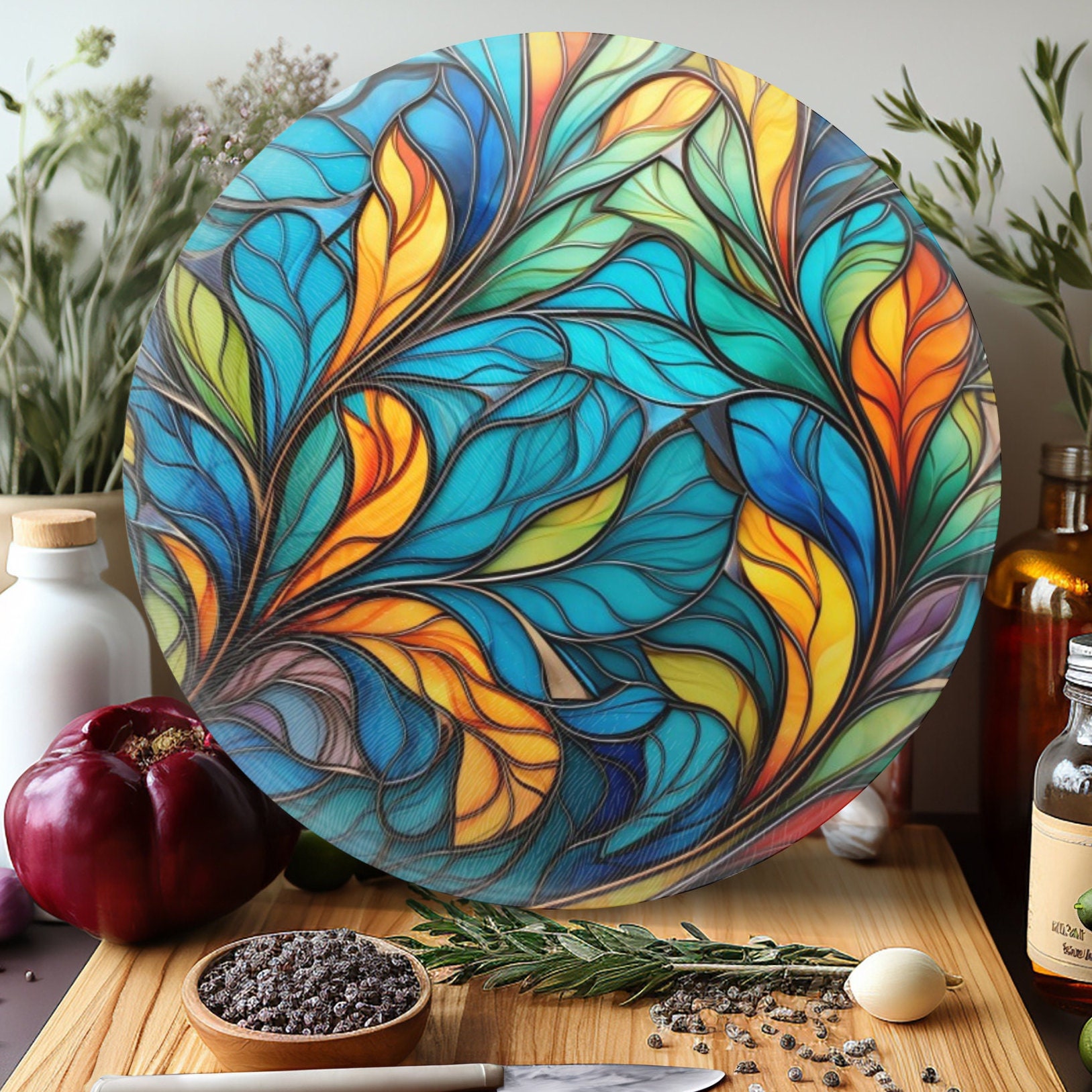 Tempered Glass Cutting Board, Charcuterie Board, Stained Glass Design, Glass  Chopping Board, Challah Tray, Serving Platter, Sun Catcher 