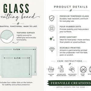 An infographic displays product details and care instructions for a glass cutting board, including its dimensions and features like tempered glass and rubber feet.