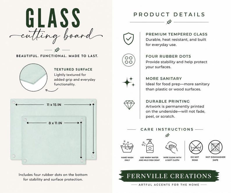 An infographic displays product details and care instructions for a glass cutting board, including its dimensions and features like tempered glass and rubber feet.