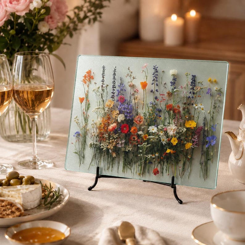 A glass cutting board decorated with pressed wildflowers is displayed upright on a dining table set with wine glasses, cheese, and a teapot.