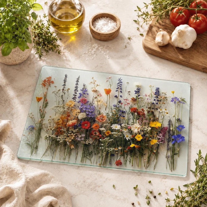A glass cutting board featuring a pressed wildflower pattern lies horizontally on a kitchen counter surrounded by cooking ingredients like olive oil, salt, and fresh herbs.