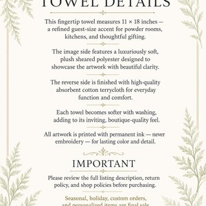 A white background with green fern fronds framing text that reads "TOWEL DETAILS" and product information about the fingertip towel.