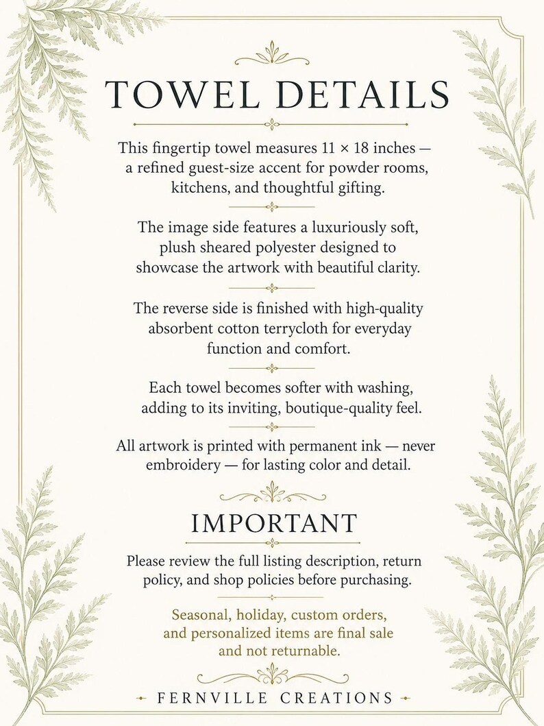 A white background with green fern fronds framing text that reads "TOWEL DETAILS" and product information about the fingertip towel.