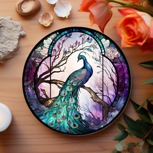 Peacock Coaster, Stained Glass Design, Nature Inspired Home Decor, Ceramic Coaster, Eco-Friendly Home, Coffee Table Decor, Cork Back Coaster image 4