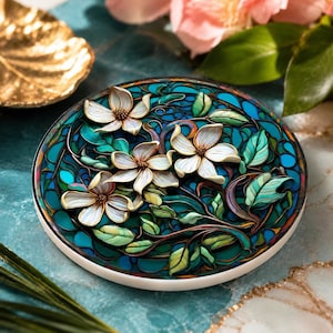 Ceramic Drink Mat with Teal Botanical Design, Floral Coaster for Coastal Garden Decor