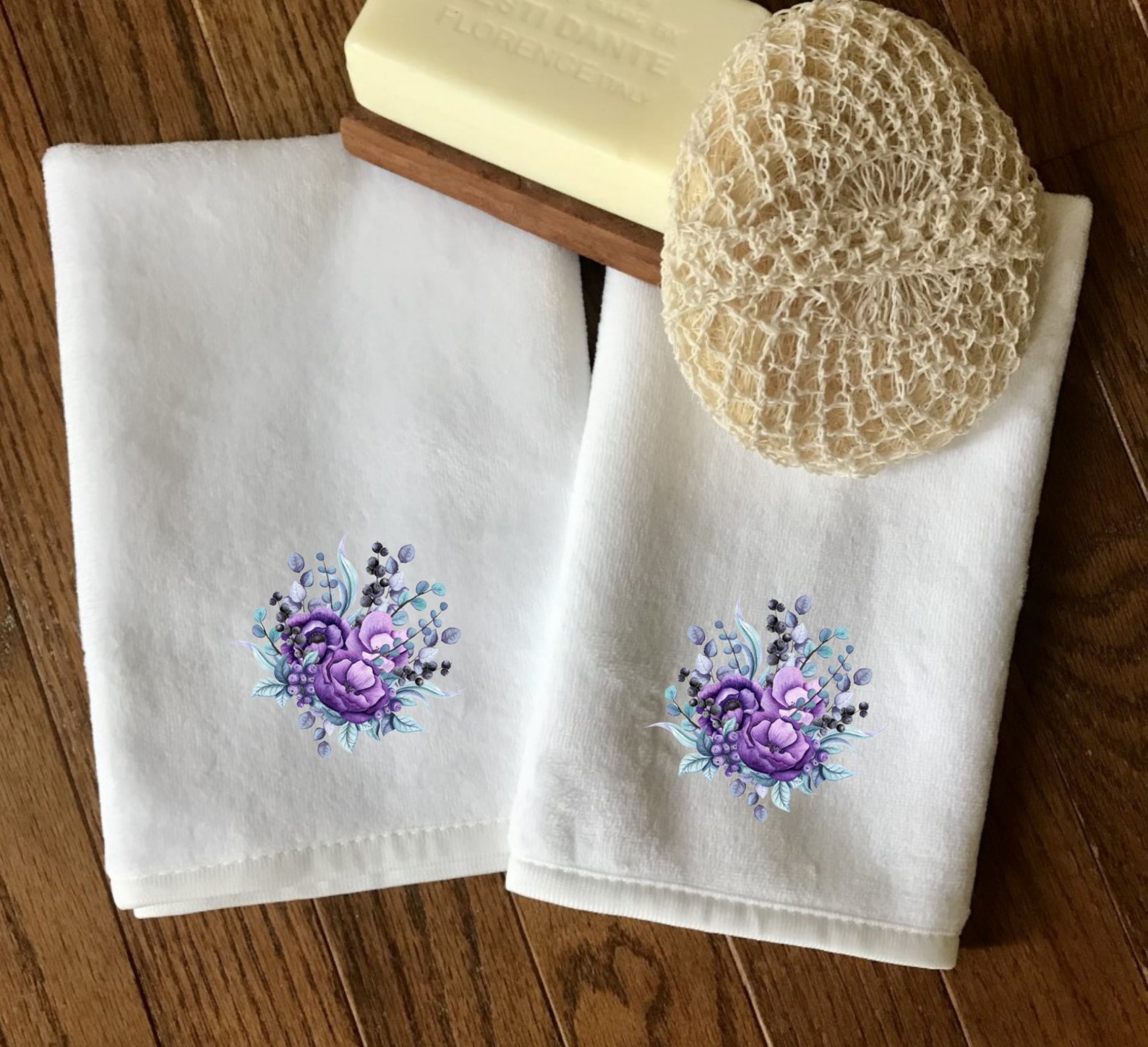 Set of Two Purple Floral Fingertip Towels Floral Hand Etsy