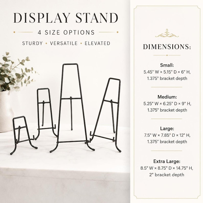 Informational graphic detailing display stand size options and dimensions for four sizes, accompanied by a photo of the metal stands.