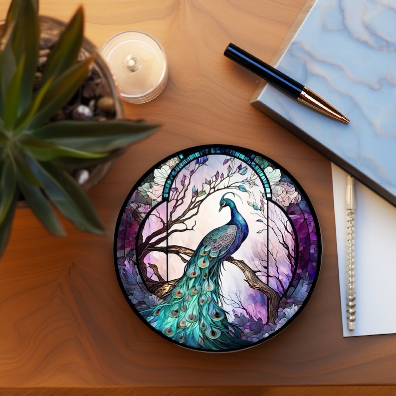 Peacock Coaster, Stained Glass Design, Nature Inspired Home Decor, Ceramic Coaster, Eco-Friendly Home, Coffee Table Decor, Cork Back Coaster image 1