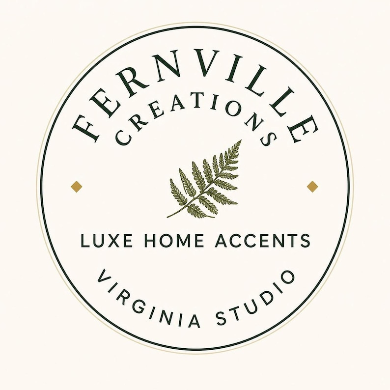 Round logo with the text Fernville Creations Luxe Home Accidents Virginia Studio surrounding a green fern illustration.