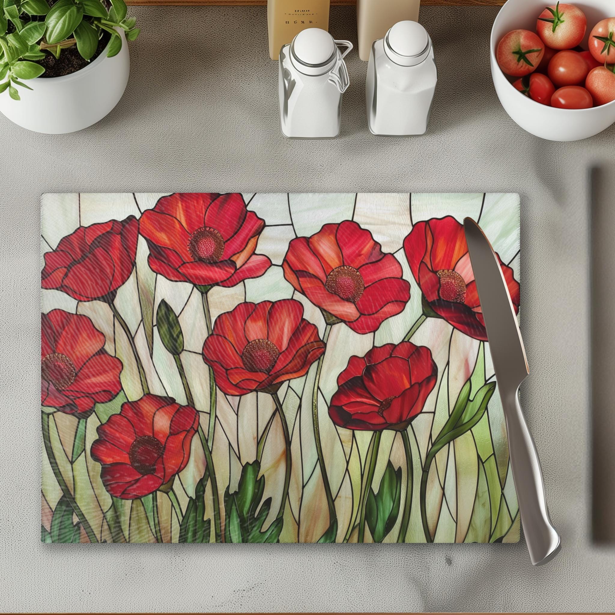 Poppy Tempered Glass Cutting Board, Charcuterie Board, Challah Serving Board, Kitchen Decor, Functional Kitchen Art, Unique Home Gift