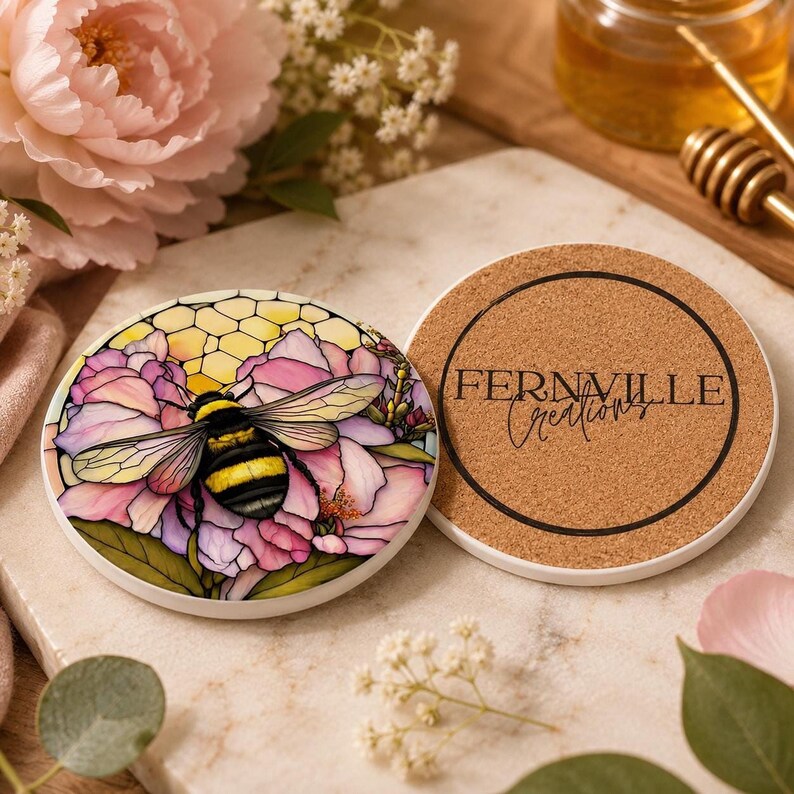 The front and back of the ceramic coaster, showing the bumblebee floral design on the left and the cork backing with Fernville Creations text on the right.
