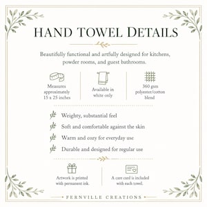 May include: An informational graphic titled HAND TOWEL DETAILS with a decorative border. It lists specifications: 15 x 25 inches, white color, 360 gsm polyester/cotton blend, permanent ink printing, and a care card. It notes a weighty, soft, and durable feel.