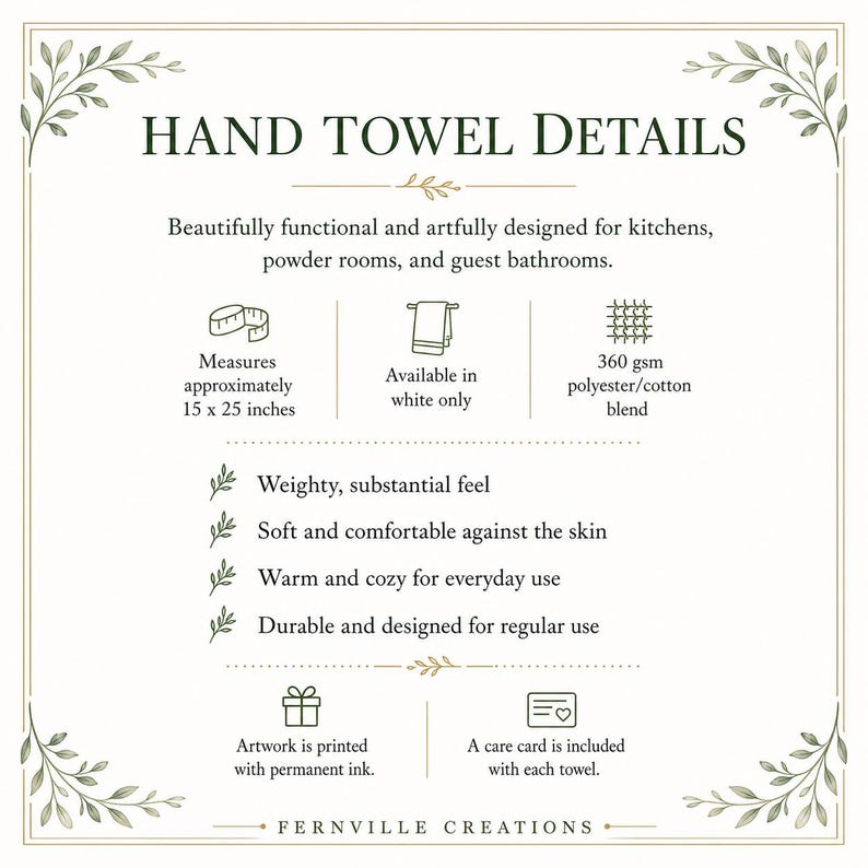 May include: An informational graphic titled HAND TOWEL DETAILS with a decorative border. It lists specifications: 15 x 25 inches, white color, 360 gsm polyester/cotton blend, permanent ink printing, and a care card. It notes a weighty, soft, and durable feel.