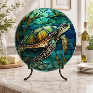 Sea Turtle Glass Cutting Board, Round Ocean Charcuterie Tray, Coastal Serving Platter