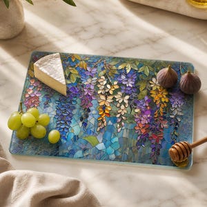 Wisteria Tempered Glass Board, Decorative Serving Tray with Floral Art 8x11 inch