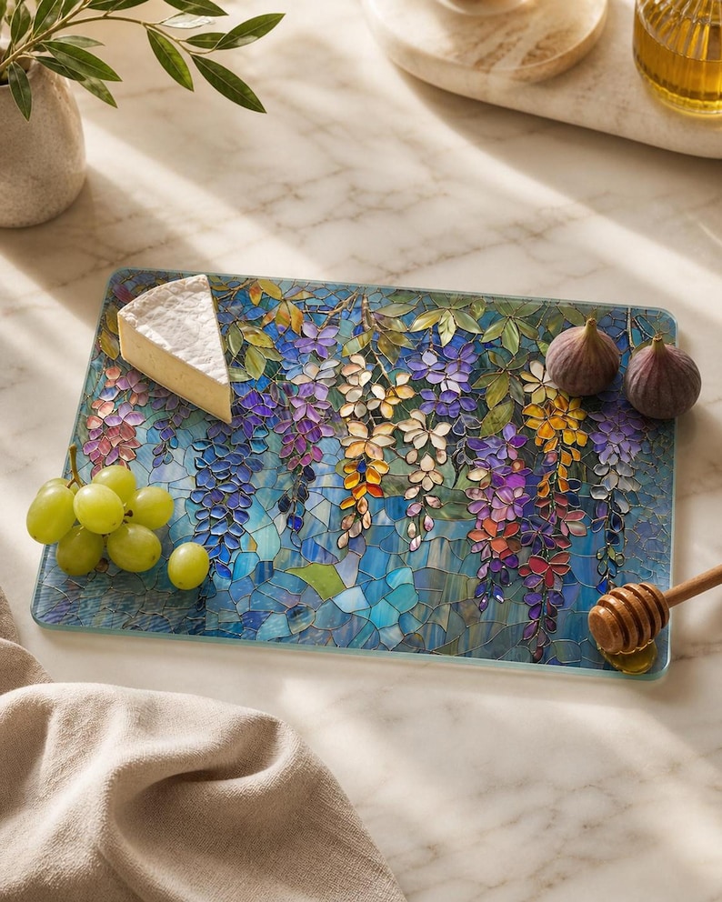 Wisteria Tempered Glass Board, Decorative Serving Tray with Floral Art 8x11 inch