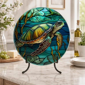 Turtle Cutting Board, Round Tempered Glass Charcuterie Tray with Ocean Design
