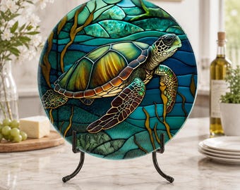Turtle Cutting Board, Round Tempered Glass Charcuterie Tray with Ocean Design