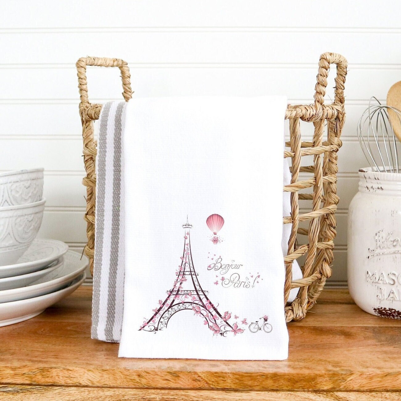 Eiffel Tower Cream Waffle-Weave Kitchen Towel by Coton Blanc - I