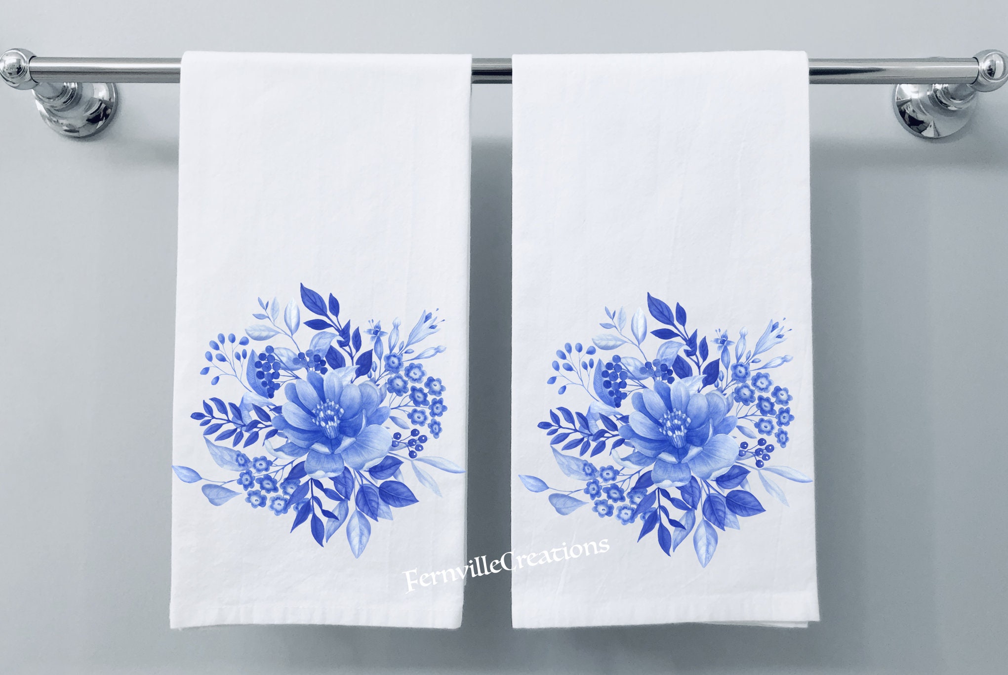 Blue Floral Hand Towel Pair Floral Hand Towels Porcelain Etsy