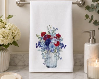 Red Blue Floral Hand Towel, Mason Jar Bouquet, Botanical Bathroom Decor, Patriotic Guest Gift