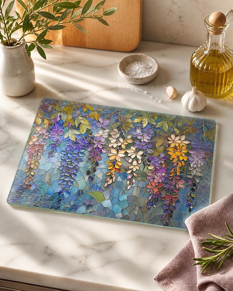 Wisteria Tempered Glass Board, Decorative Serving Tray with Floral Art 11x15 inch