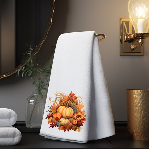 Autumn Bath Hand or Fingertip Towel Pumpkins and Flowers Fall Home Decor Elegant Bathroom Decor Autumn Grouping on Luxury Towels Etsy