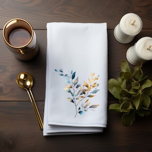 Blue and Gold Leaves Fingertip Towel, Luxury Guest Towel, Floral Tip Towel, Elegant Bathroom Accent, Spa Quality Towel, Powder Room Decor