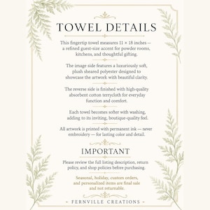 May include: A cream-colored card with the text "TOWEL DETAILS" and product information. The text describes a fingertip towel measuring 11 x 18 inches, made of polyester and cotton terrycloth. The card has a decorative border with fern-like illustrations.