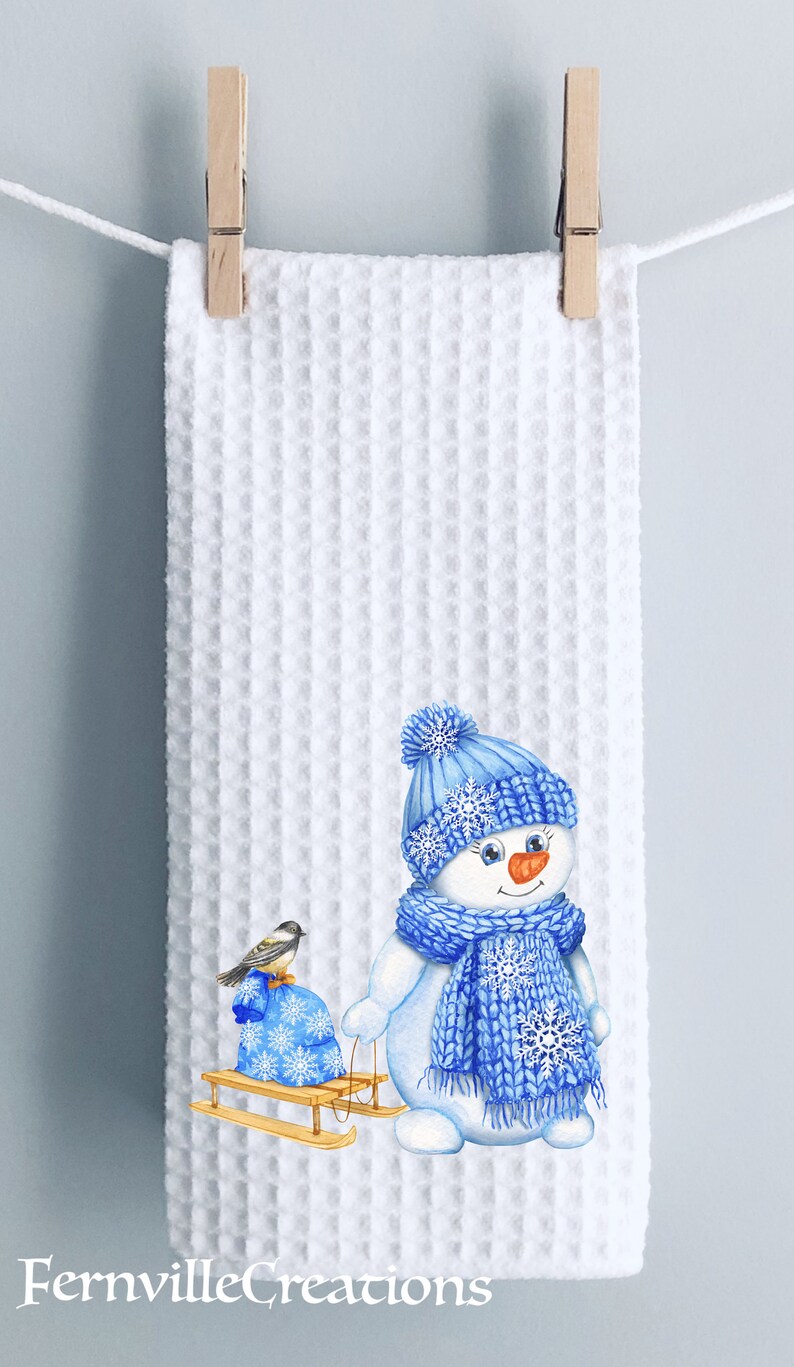 Winter Snowman Towel Blue and White Towel Winter Tea Towel Etsy